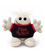 Hugmeez U Rock My World met zwart shirt, rode tekst en open armen. Een vrolijk persoonlijk cadeau van ca. 160 x 240 mm voor iemand die veel betekent.