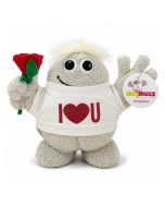 Hugmeez Medium I Love U met rode roos, wit shirt en open armen. Romantische knuffel van ca. 210 x 300 mm voor iemand die veel voor je betekent.