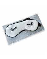 Wit slaapmasker met zwarte wimpers en zwarte rand. Gemaakt van nylon en ca. 185 x 70 mm groot. Compact oogmasker voor thuis en onderweg.