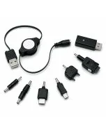 USB oplader met meerdere adapters voor diverse Nokia, Sony Ericsson, Samsung en Motorola telefoons. Compacte Plug & Play laadset via USB.