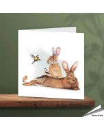 Wenskaart - Konijnen met leuke tuinvogeltjes - www.hoezo-kado.nl