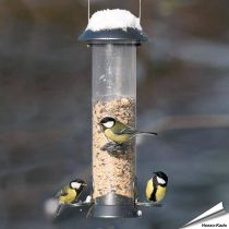 Metalen voedersilo voor vogels met zitringen - www.hoezo-kado.nl