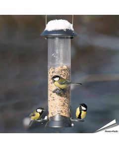 Metalen voedersilo voor vogels met zitringen - www.hoezo-kado.nl