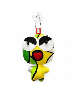 Unieke Crazy Doll met zuignap in geel, groen en zwart, met rood hartje en bloemprint. Ca. 9 x 12,5 cm. Van deze uitvoering bestaat slechts één exemplaar.