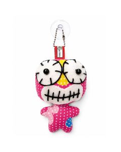 Unieke Crazy Doll met zuignap in roze met witte stippen en gestikte mond. Ca. 7,5 x 10,5 cm. Opvallende decoratie voor raam of spiegel. Slechts 1 exemplaar.