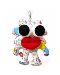 Grote unieke Crazy Doll met zuignap, hartjesprint, tekstballonnen en rode lippen. Ca. 16,5 x 21 cm. Slechts één exemplaar beschikbaar.