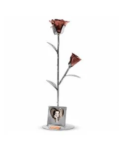 Handgemaakt Hinz & Kunst fotolijstje met hartvormige foto-uitsparing en twee koperkleurige rozen. Ca. 10 x 10 x 34 cm. Persoonlijk cadeau.
