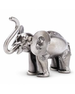 Kleine metalen olifant met opgeheven slurf, grote oren en decoratieve details. Ca. 6 x 9 x 7 cm. Symbolisch cadeau voor dierenliefhebber.