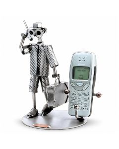 Handgemaakte Hinz & Kunst GSM-houder met metalen schroefman. Praktische telefoonhouder voor bureau of werkplek, 17 x 14 x 19 cm.