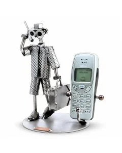 Handgemaakte Hinz & Kunst GSM-houder met metalen schroefman. Praktische telefoonhouder voor bureau of werkplek, 17 x 14 x 19 cm.