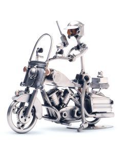 Handgemaakte Hinz & Kunst sculptuur van een motoragent op politiemotor met portofoon, koplamp en zijkoffers. Bijzonder cadeau voor politieagent of motorrijder.