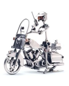 Handgemaakte Hinz & Kunst sculptuur van een motoragent op politiemotor met portofoon, koplamp en zijkoffers. Bijzonder cadeau voor politieagent of motorrijder.