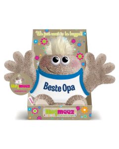 Verras opa met Hugmeez Klein Beste Opa: een superzachte knuffel met open armen en persoonlijke boodschap. Compact cadeau van ca. 150 x 245 mm.