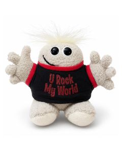 Hugmeez U Rock My World met zwart shirt, rode tekst en open armen. Een vrolijk persoonlijk cadeau van ca. 160 x 240 mm voor iemand die veel betekent.
