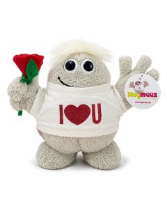 Hugmeez Medium I Love U met rode roos, wit shirt en open armen. Romantische knuffel van ca. 210 x 300 mm voor iemand die veel voor je betekent.