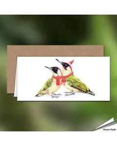 Kerstkaart met de familie groene specht - Perfect om een vleugje natuur in je kerstwensen te brengen! - www.hoezo-kado.nl