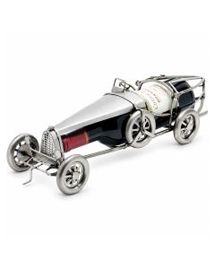 Metalen flessenhouder in de vorm van een klassieke Franse raceauto met spaakwielen en open cockpit. 43 x 13 x 14 cm. Origineel wijncadeau.