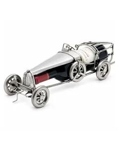 Metalen flessenhouder in de vorm van een klassieke Franse raceauto met spaakwielen en open cockpit. 43 x 13 x 14 cm. Origineel wijncadeau.