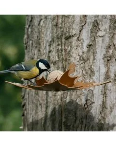 Bruine Leaf Me wandvoederschaal van metaal aan een boom, met een koolmees die eet van een vetbol in de bladvormige houder.