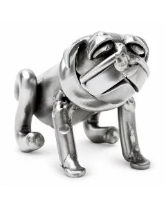 Compact metalen beeldje van een bulldog met brede kop, platte snuit en krulstaart. 4 x 7 x 5 cm. Leuk cadeau voor hondeneigenaar of verzamelaar.