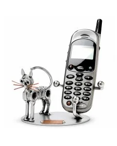 Metalen kat GSM-houder met grote ogen, puntoren en koperkleurige snorharen. 15 x 10 x 9 cm. Praktisch cadeau voor kattenliefhebber.