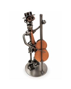 Metalen sculptuur van een contrabassist met strijkstok, hoed en bril. Ca. 20 cm hoog. Origineel cadeau voor contrabassisten en muziekliefhebbers.