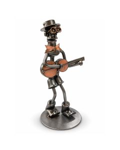Metalen sculptuur van een gitarist met gitaar, hoge hoed en koperkleurige accenten. 19 cm hoog en een persoonlijk cadeau voor iedere gitarist.