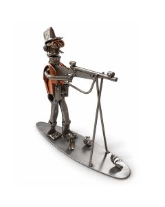 Metalen jager van 19 cm met geweer op steun, verrekijker en koperkleurige details. Een persoonlijk cadeau voor een jager, jachtvriend of verzamelaar.