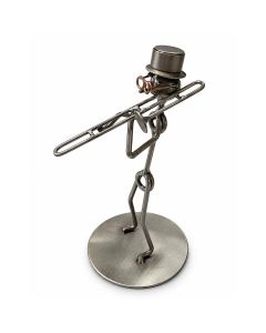 Metalen sculptuur van een trombonist met hoge hoed en bril. Ca. 18 cm hoog. Origineel cadeau voor trombonisten en muziekliefhebbers.
