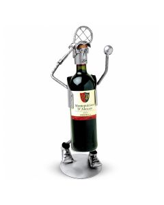 Metalen tennis flessenhouder met racket, bal, hoofdband en sneakers. Een wijnfles vormt het lichaam van de speler. Ca. 15 x 12 x 34 cm.