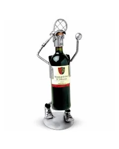 Metalen tennis flessenhouder met racket, bal, hoofdband en sneakers. Een wijnfles vormt het lichaam van de speler. Ca. 15 x 12 x 34 cm.