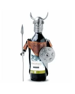 Metalen Viking flessenhouder met hoornhelm, baard, speer en schild. Een wijnfles vormt het lichaam van de krijger. Origineel cadeau voor Vikingfan.