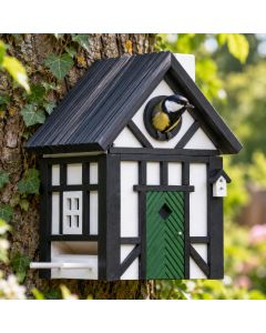 Multiholk Korsvirke van Wildlife Garden combineert een nestkast en voederhuis in één ontwerp. Voor kleine tuinvogels, met 32 mm invliegopening en Scandinavische vakwerkstijl.