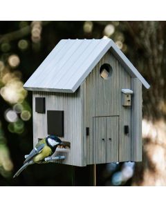 Koolmees eet vogelvoer bij de Multiholk Modern Nordic van Wildlife Garden, een grijs houten nestkast en voederhuis met lichtgrijs zadeldak op een tuinpaal.