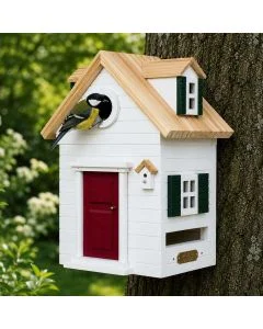 Koolmees bij de ronde invliegopening van de Multiholk New England van Wildlife Garden, een witte houten nestkast en voederhuis met rode deur, groene luiken en licht houten dak, bevestigd aan een boom.