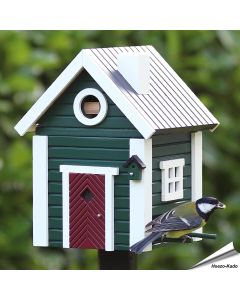 Multiholk Stugan voederhuis en nestkast in groen/witte houtkleur, hier als voederhuis