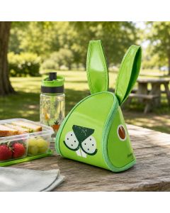 Munchler Lunch Pack Konijn groen voor kinderen. Lunchrugzakje met verstelbare banden, koelende voering en uitklapbare placemat voor school en uitstapjes.