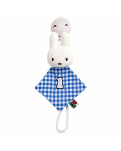 Nijntje fopspeenketting blauw met zacht Nijntje-figuurtje, clip en speenlus. Geschikt vanaf de geboorte en leuk als praktisch kraamcadeau.