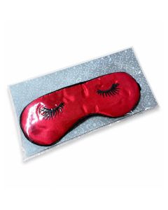 Rood oogmasker met zwarte wimpers en zwarte rand. Gemaakt van nylon en ca. 185 x 70 mm groot. Opvallend slaapmasker in rood en zwart.