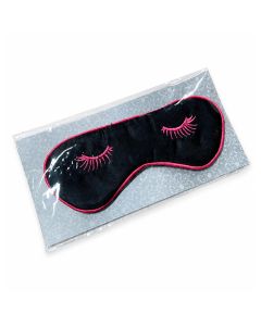 Zwart oogmasker met roze wimpers en roze rand. Gemaakt van nylon en ca. 185 x 70 mm groot. Speels slaapmasker voor thuis of onderweg.