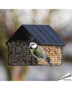 Zwart Pinda Voederhuisje van Wildlife Garden voor pinda's en suet pellets. Inhoud ca. 1,2 liter, van gepoedercoat staal. Ca. 12,5 x 15,4 x 13,7 cm.1