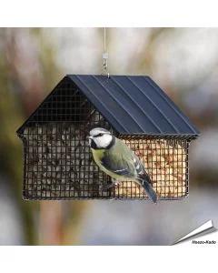 Zwart Pinda Voederhuisje van Wildlife Garden voor pinda's en suet pellets. Inhoud ca. 1,2 liter, van gepoedercoat staal. Ca. 12,5 x 15,4 x 13,7 cm.1