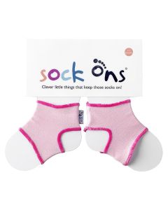 Roze Sock Ons® voor baby's van 0-9 maanden. Schuif ze over gewone babysokjes om ze beter op hun plek te houden. Gepatenteerd ontwerp.