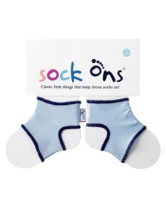 Blauwe Sock Ons® voor baby's van 0-9 maanden. Draag ze over gewone babysokjes om deze beter op hun plek te houden. Gepatenteerd ontwerp.