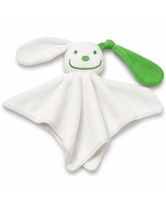 Zacht tutpoppetje konijn voor baby's van 0 tot 9 maanden. Wit met groen oor, gemaakt van katoen en ca. 22 x 24 cm. Leuk als kraamcadeau.