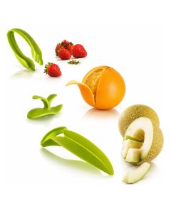 Vacu Vin Fruit Essentials 3-delige fruitset met meloensnijder, citruspeller en aardbeienontkroner. Praktisch, vaatwasserbestendig en eenvoudig in gebruik.