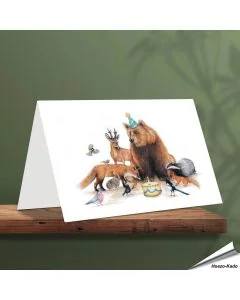 Verjaardagskaart met een leuke beer en zijn dierenvriendjes - www.hoezo-kado.nl