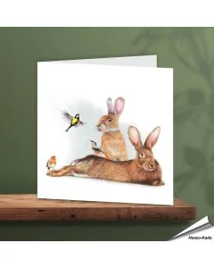 Wenskaart - Konijnen met leuke tuinvogeltjes - www.hoezo-kado.nl