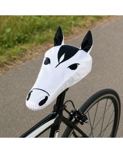Waterdichte witte zadelhoes met paardengezicht voor een smal racefietszadel. Van nylon, met elastisch koord en compact onder het zadel op te bergen.