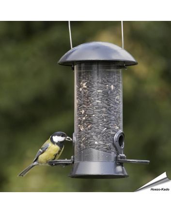 Metalen voedersilo voor vogels met zitringen - www.hoezo-kado.nl